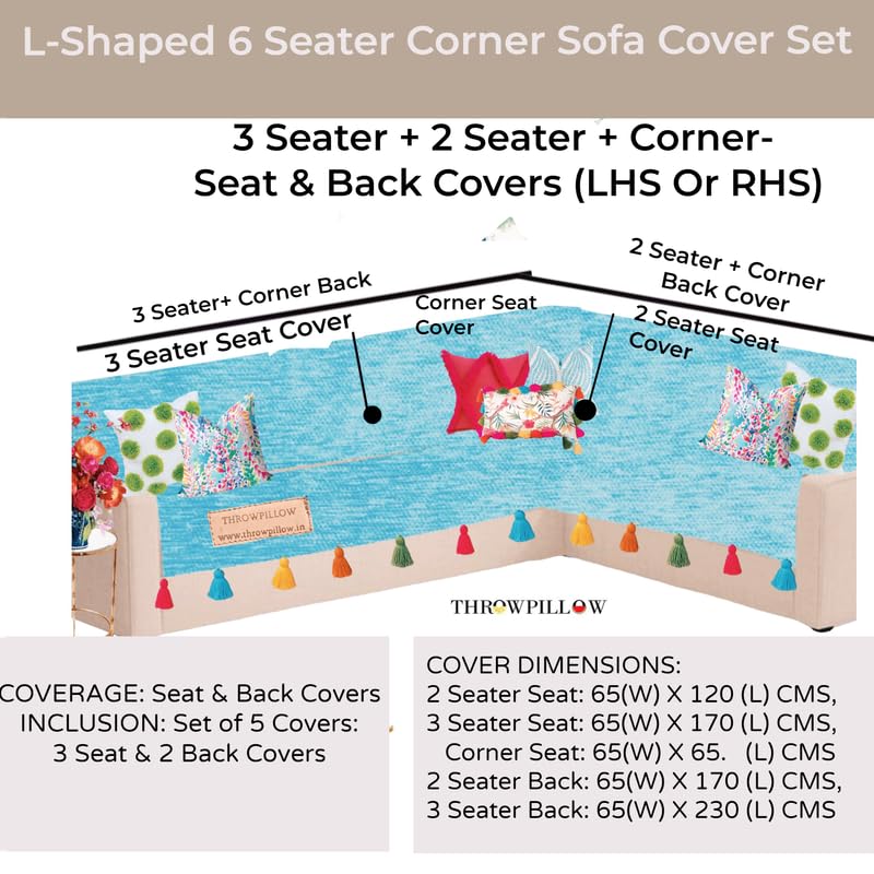 Image of Blue Sofa Cover Multicoloured Tassels:Corner Thick Fabric, Corner Sofa Seat & Back Cover, Designer:Fits 3+2 Seater+Corner Sofa, Coverage: Seat & Front Back -Set of 2 Seat Covers & 2 Back Covers