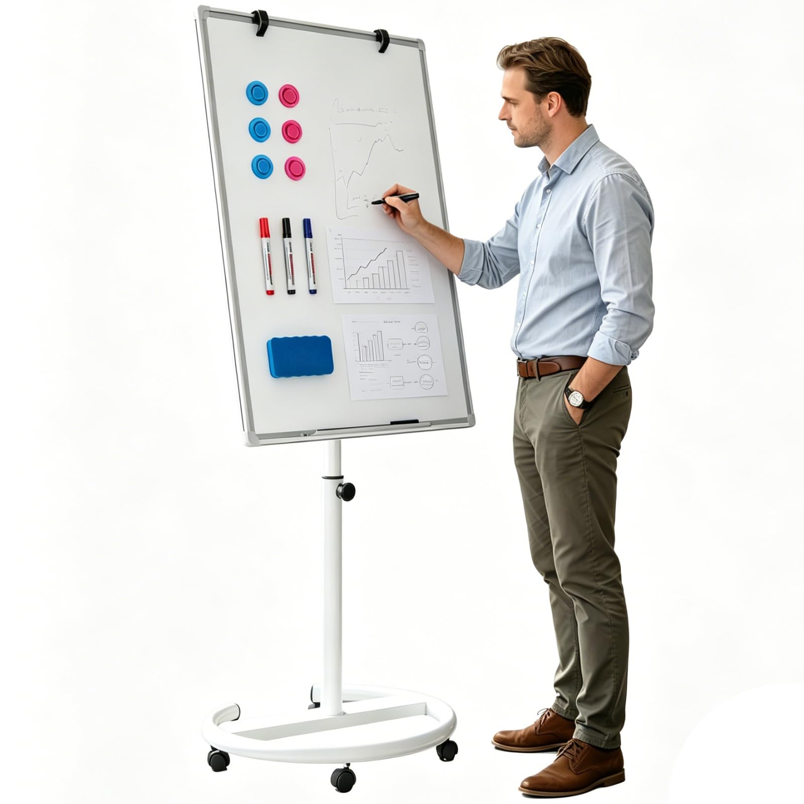 100x70cm Flipchart Ständer, Magnetische Whiteboard mobil mit Rollen, höhenverstellbar 157-195cm, trocken abwischbar, magnetisch, für Büro Schule Zuhause