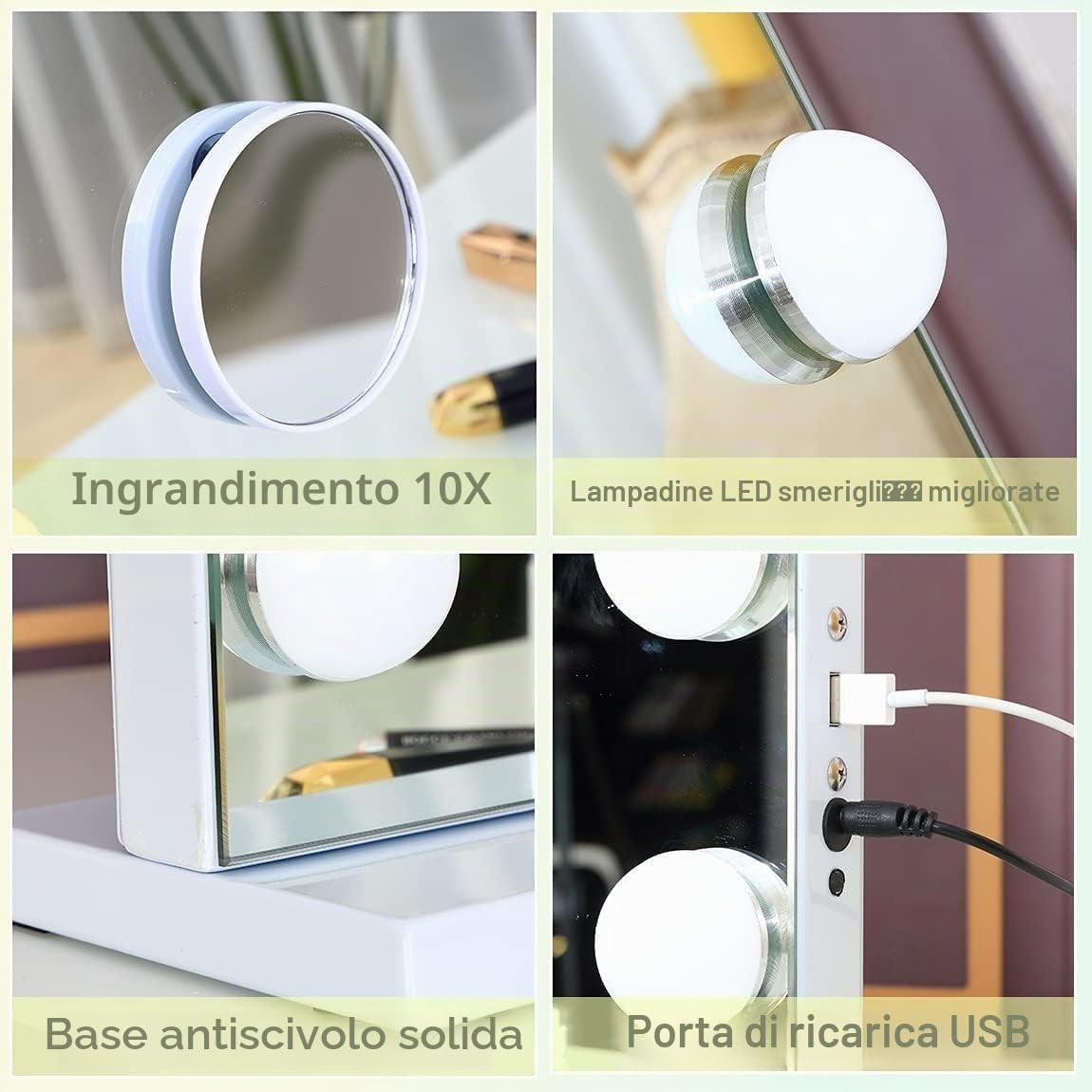 Hansong Hollywood - Specchio da 80 x 60 cm, con illuminazione e Bluetooth, 18 luci LED, 3 modalità a colori, specchio dimmerabile