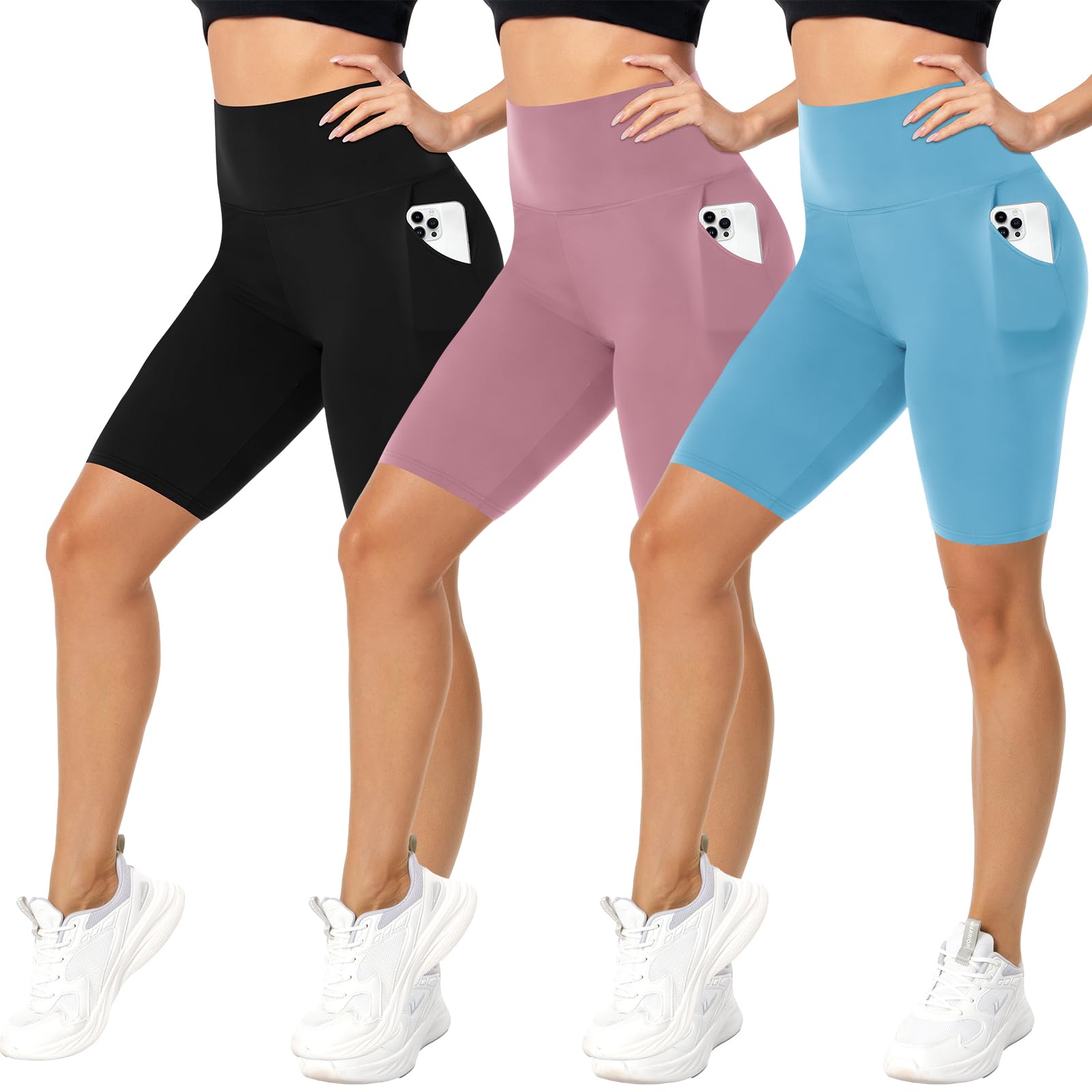 FuelMeFoot 3 Pack Radlerhose Damen mit Taschen High Waist Shorts Sporthose Kurze Blickdicht Sommer für Biker Gym Fitness Joggen Pilates.