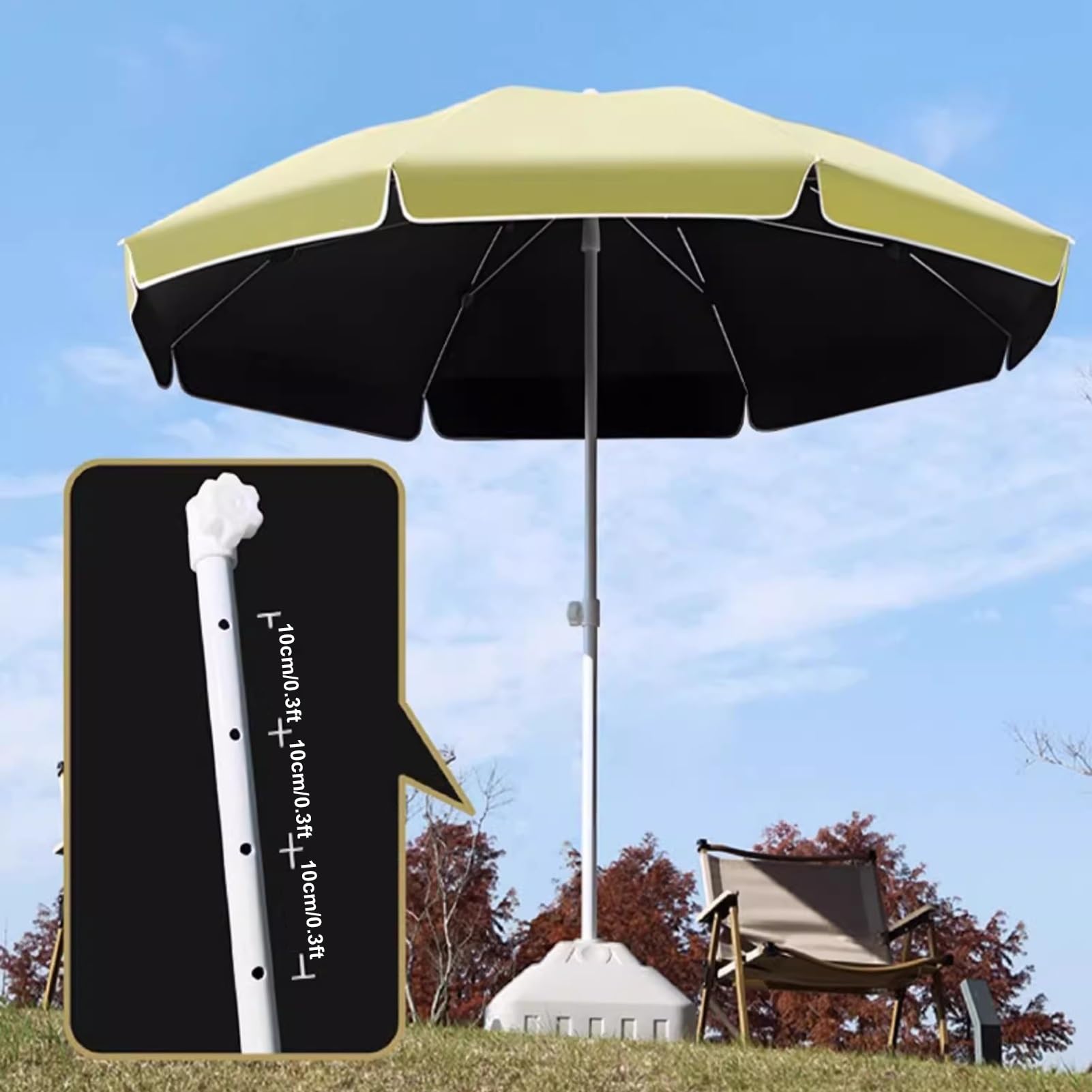 Okrągły Parasol Ogrodowy 5,9/7,2/7,9 Stopy, Przenośny Parasol Tarasowy Z Regulowaną Wysokością, Parasol Plażowy Z 8 Żebrami I Czarną Powłoką,White-180cm/5.9ft