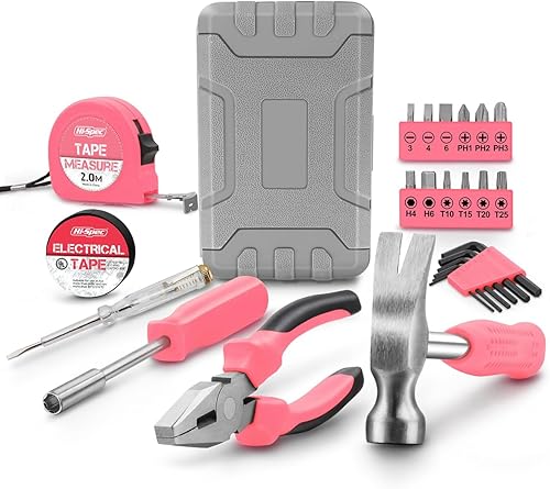 Miniatura 7 de Kit de herramientas de bricolaje para el hogar de 24 piezas, color rosa, para mujeres, juego de mini caja de herramientas compacta con herramientas