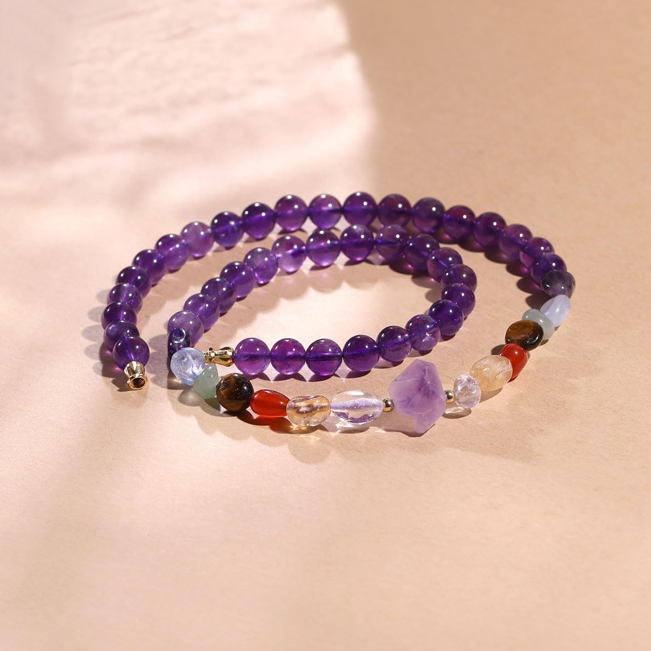 7 Chakra Tumbled Crystals Choker Necklaces for Women 18 Inches Raw Amethyst Beaded Necklace Reiki February Birthstone Jewelry - Image 2