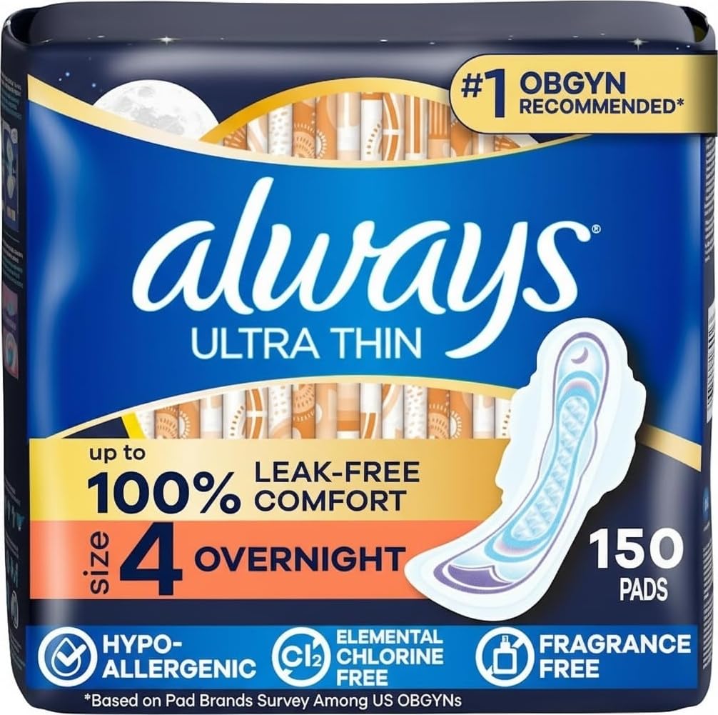 Always Ultra Thin Feminine Pads with Wings for Women, Size 4, Overnight Absorbency, Unscented, Up to 100% Leak-Free Comfort, 50 Count