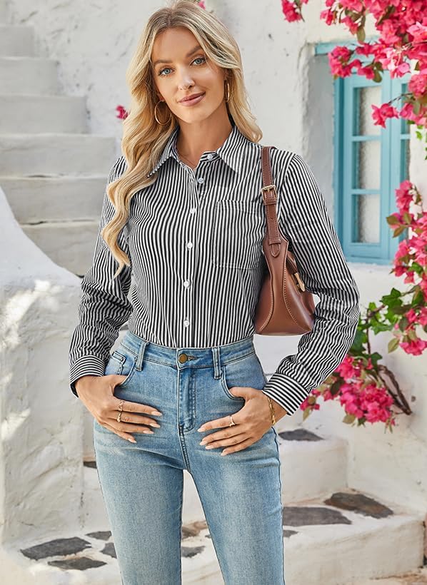 IBAOTORONI Women’s Striped Button Down Shirt Cotton Long Sleeve Collared Casual Work Stripe Blouse Tops with Pocket - Image 5