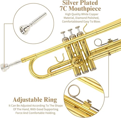 Miniatura 4 de Yasisid Bb - Juego de trompeta estándar, latón para adultos, tocan instrumentos de viento occidental para principiantes o estudiantes avanzados, con