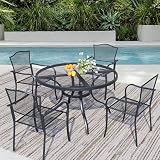Stabrech 5 Pieces Outdoor Dining Set for 4, Black Metal Mesh Outdoor Dining Table and 4 Black Metal Mesh Stackable Patio Chairs with Armrest, Patio Table and Chairs Set for Lawn Garden Backyard