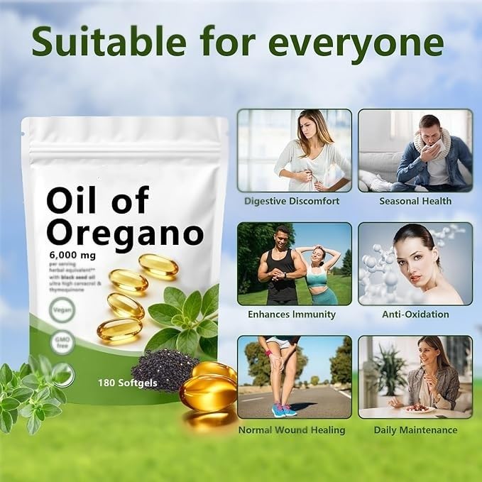 Olio di origano Softgels, 180 conteggi, 2 in 1, formulato con olio di semi neri, senza glutine, carvacrolo e timochinone, non OGM (1)