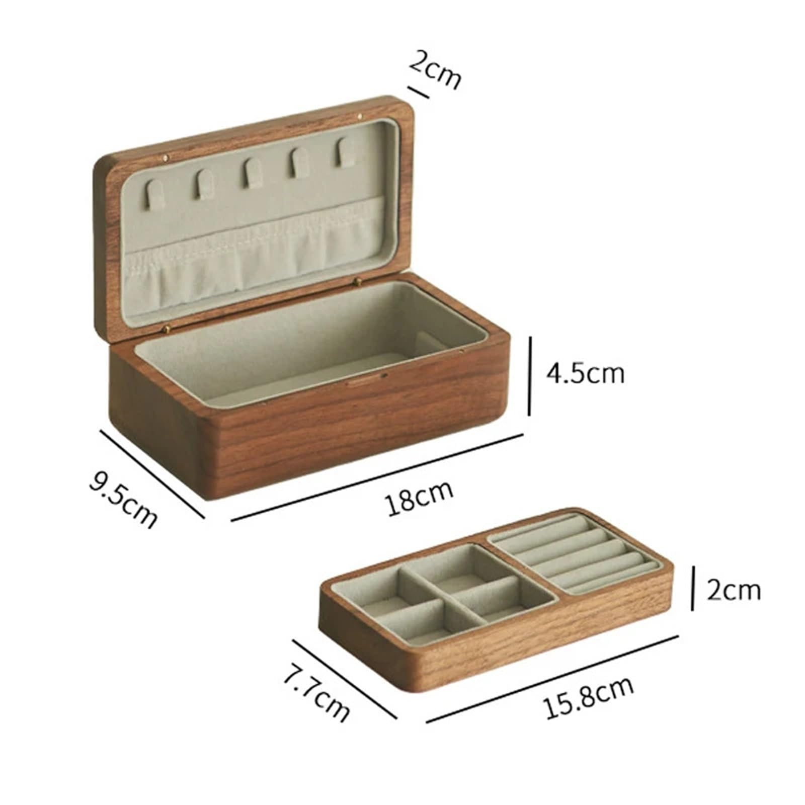 Generisch Contenitore a doppio strato per accessori, custodia in legno, collane, bracciali, orecchini, organizer, regalo di nozze, legno di noce nero (grigio interno)