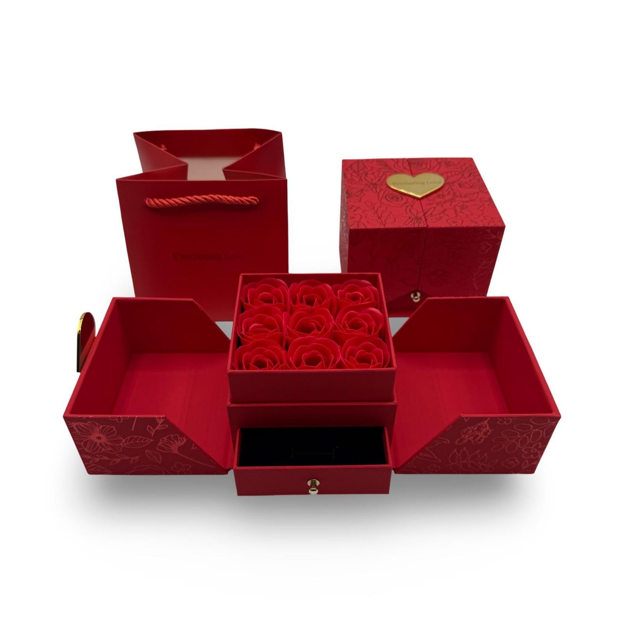 Cofanetto portagioielli con 9 rose sapone – Decorazione Elegante e Regalo di Lusso per Lei