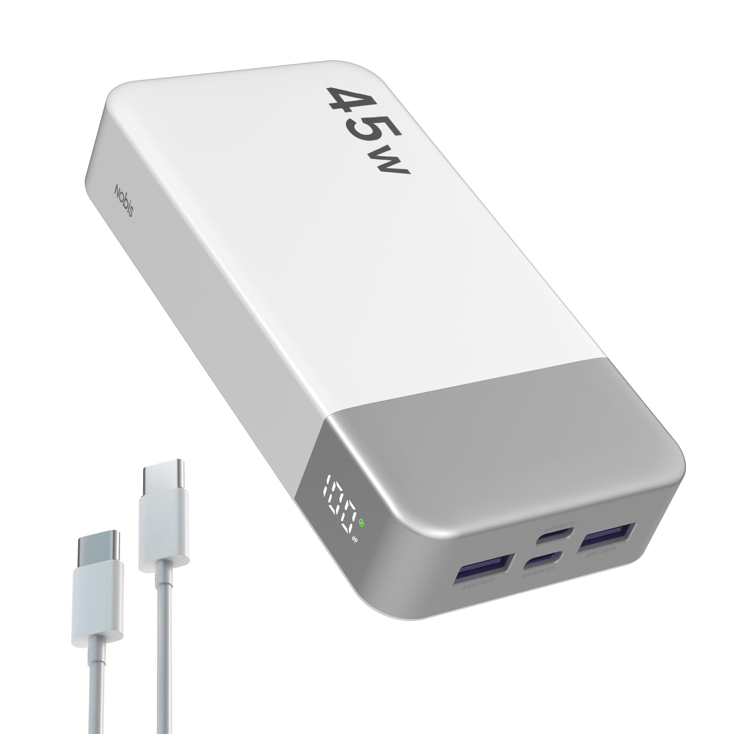 NOBIS Portable Charger, 20000mAh Power Bank, 45W Power Bank Fast Charging, Battery Pack with C to C Cable, Battery Bank with Digital Display for iPhone Android Laptop etc (White)