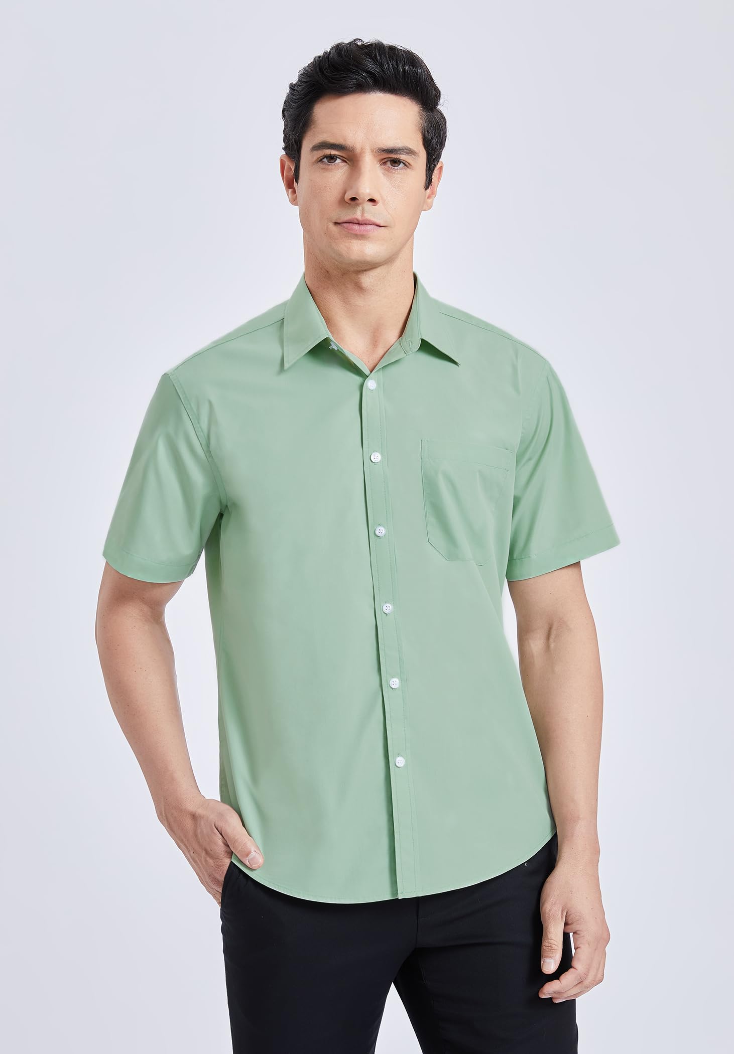 HISDERN Chemise à Manches Courtes pour Hommes Chemise de Couleur Unie décontractée d'été Chemise à Coupe régulière avec Poche