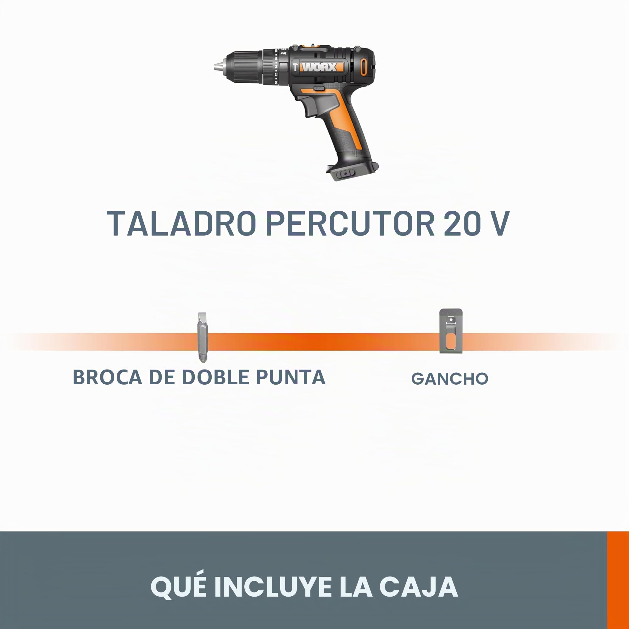 WORX WX370.9 Taladro percutor 20V, PowerShare, No incluye baterías ni cargador, Ligero y compacto, Portabrocas 13mm, 2 velocidades mecánicas, reversible, ideal para bricolaje en hogar y taller
