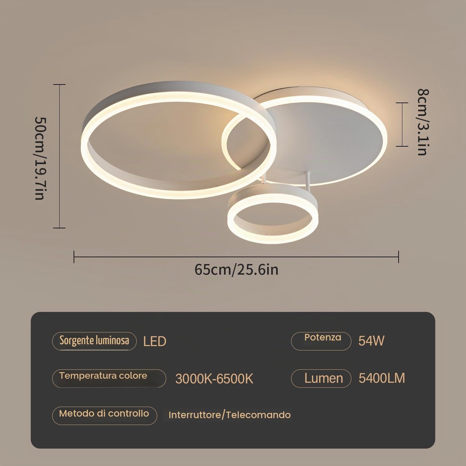 Plafoniera LED Soffitto,65CM Lampadario Camera da Letto Dimmerabile 3000K-6000K in Alluminio,Lampadario LED Soffitto 54W 5400lm per Camera da Letto, Salone, con Telecomando, Tre cerchi