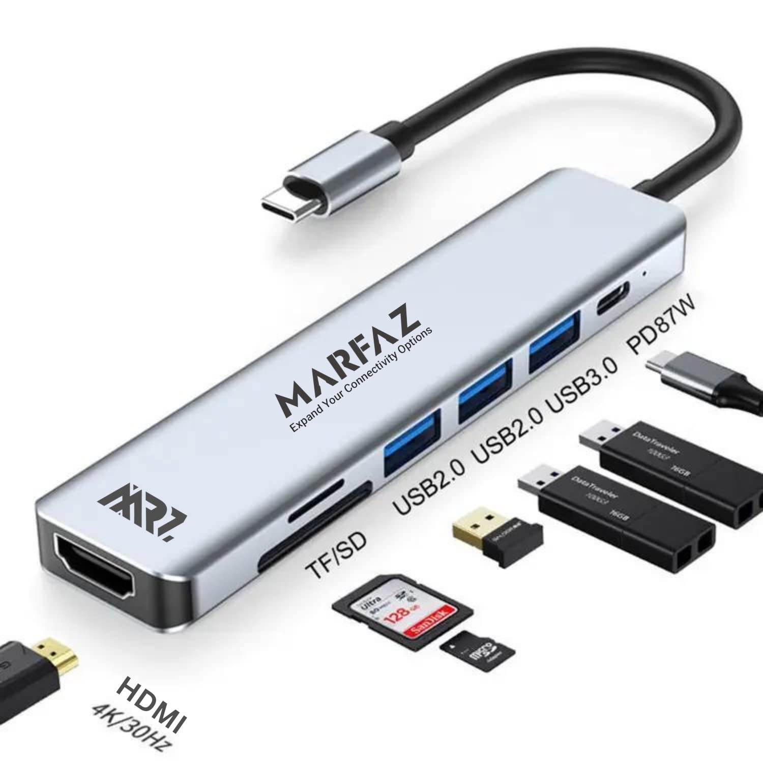 MARFAZ USB C Hub, 7 in 1 USB-C Hub with 4K HDMI | 100W Power Delivery | USB 3.0 5Gbps Data Ports | SD/TF Card Reader | USB C Dongle for MacBook Pro/Air, iPad Pro, Surface, XPS, Thinkpad and More