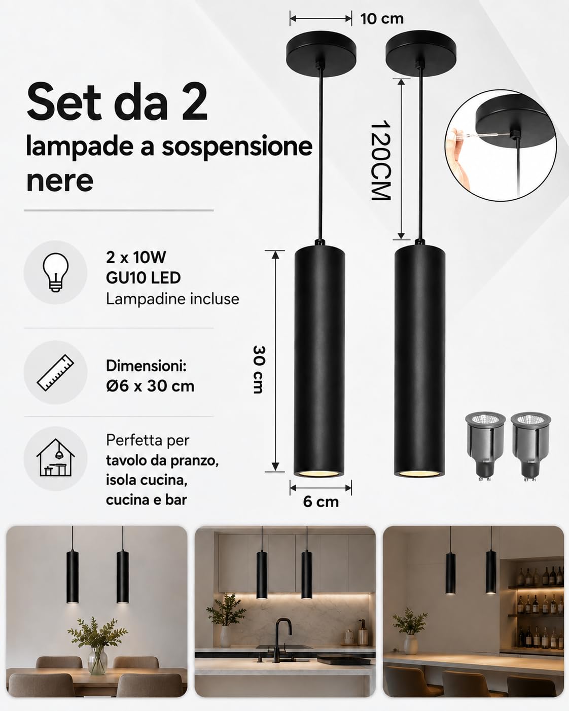 ACMHNC Lampada a Sospensione 2 Pezzi, Lampada a Sospensione GU10 per Cucina Camera da Letto, 10W Lampadario Cilindro Nero Moderno Regolabile in Altezza 120cm, 3000/4000/6000K, 6x30 cm | 10W Lampadario Cilindro moderno per Cucina Camera da Letto, 3000/4000