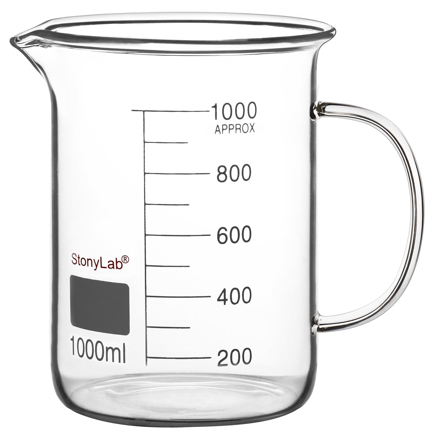 stonylab Bicchiere in Vetro con Manico, Bicchiere Graduato in Vetro Borosilicato Griffin a Forma Bassa con Manico e Beccuccio per Versare, 1000 ml