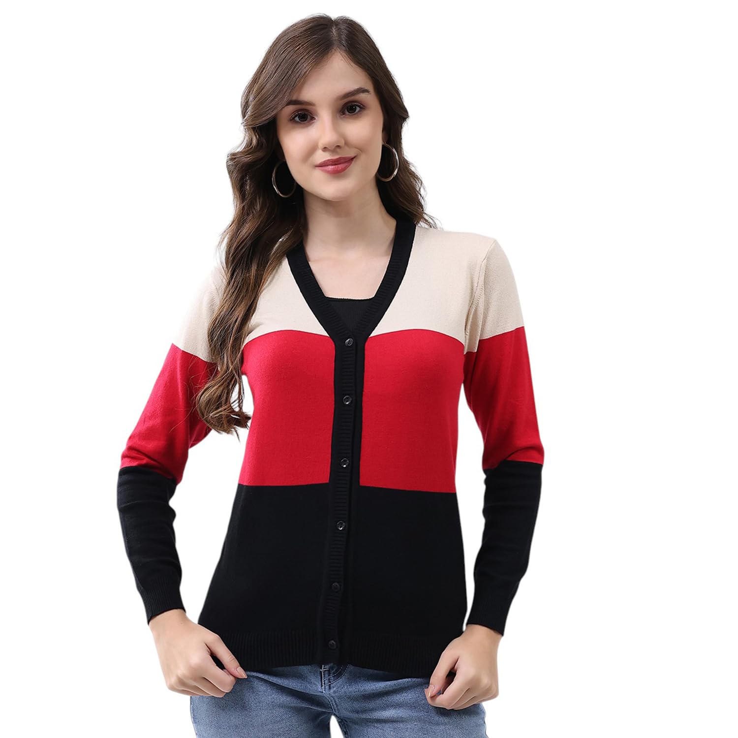 monte carlo Women Striped V Neck Cardigan | Regular Fit Full Sleeve Knitwear | Stylish Winter Sweater for Casual & Office Layering (Pack of 1)-picture-18