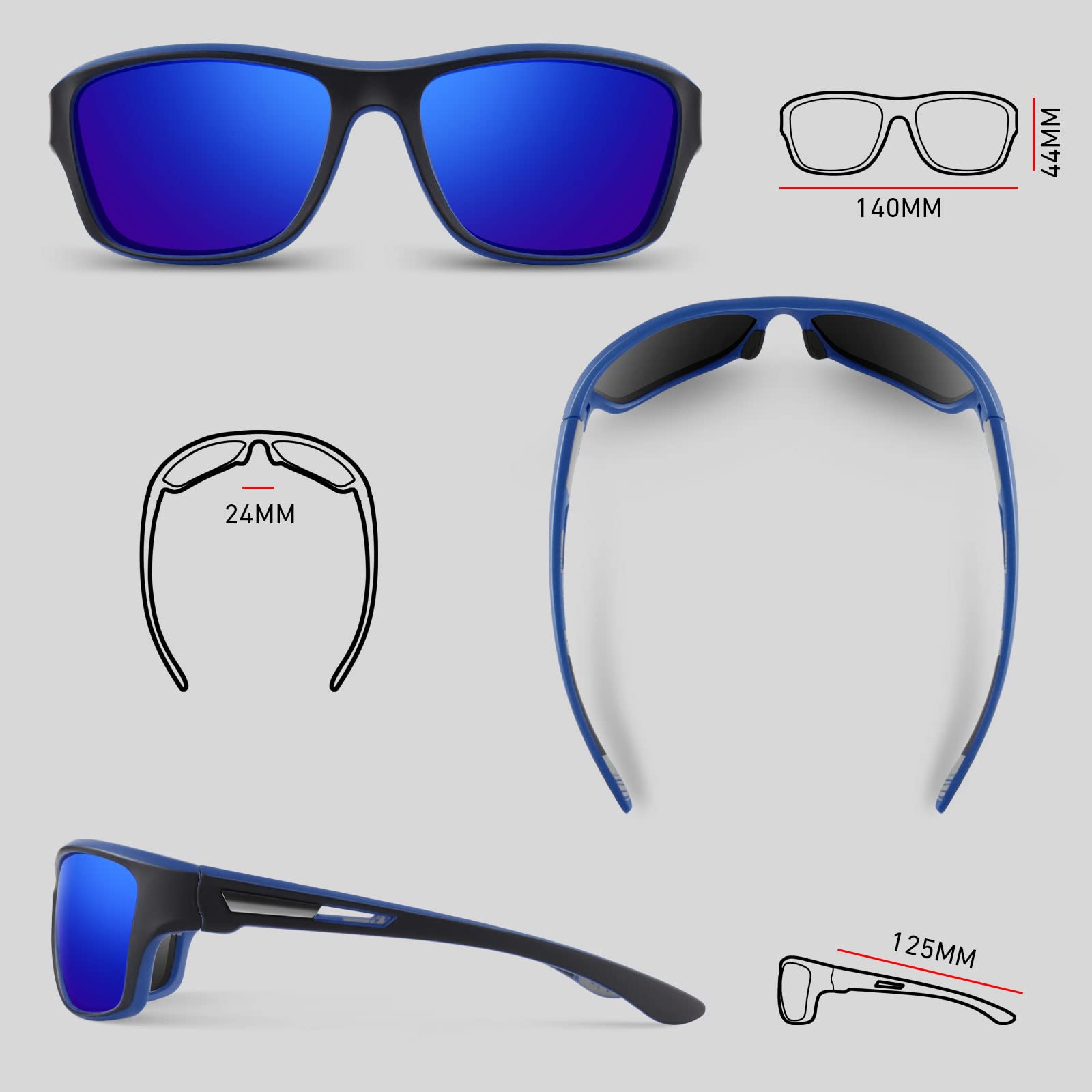 Gafas de sol polarizadas para hombres y mujeres, gafas rectangulares de conducción de pesca, protección UV400, Marco negro/lente ahumado + marco negro/lente espejo azul oscuro, Medium