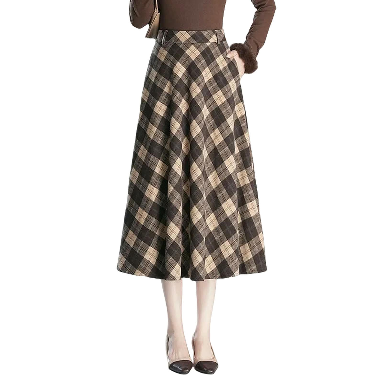 Langer Rock Damen Karierter, Drapierter Midirock Für Damen, Die Saison, Herbst Und Winter, Den Pendelverkehr, A-Linie, Hohe Taille, Schlankmachender, Halblanger Rock-kaffeegitter-XXXL