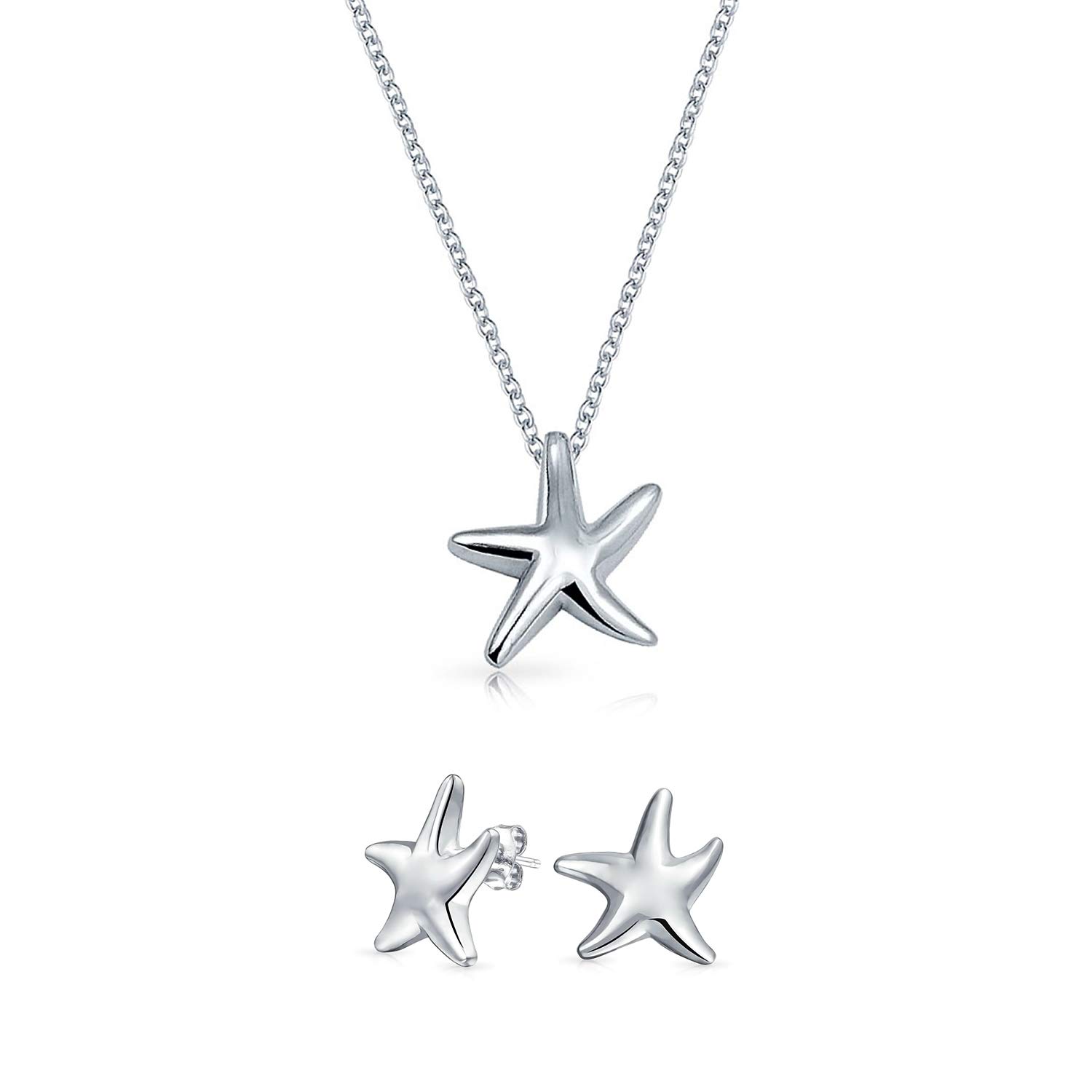 Bling JewelryOcean Lover Sea Tropical Beach Vacation Nautical Starfish Pendant Necklace Stud Earrings Jewelry Set For Women Teens Polished .925 Sterling Silver