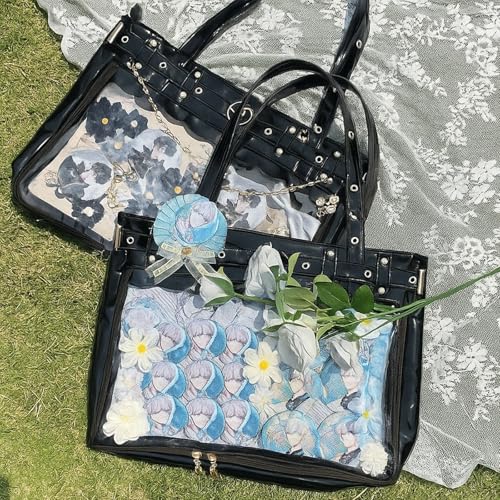 Image of Sanwuta Black Ita Bag with Insert, Large Ita Messenger Bag, Anime Pin Display Tote for Anime Kpop Fans, Japanese Cosplay