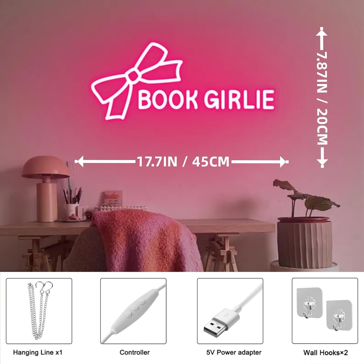 Book Girlie Neon Sign, Pink Bows Bedroom Decor, Girly Teen Dorm Neon, Baby Girl Romantic Gift, Back To School Gift, Book Lover Rooms Decor for Book Club Classroom Read Corner Kid's Reading Study