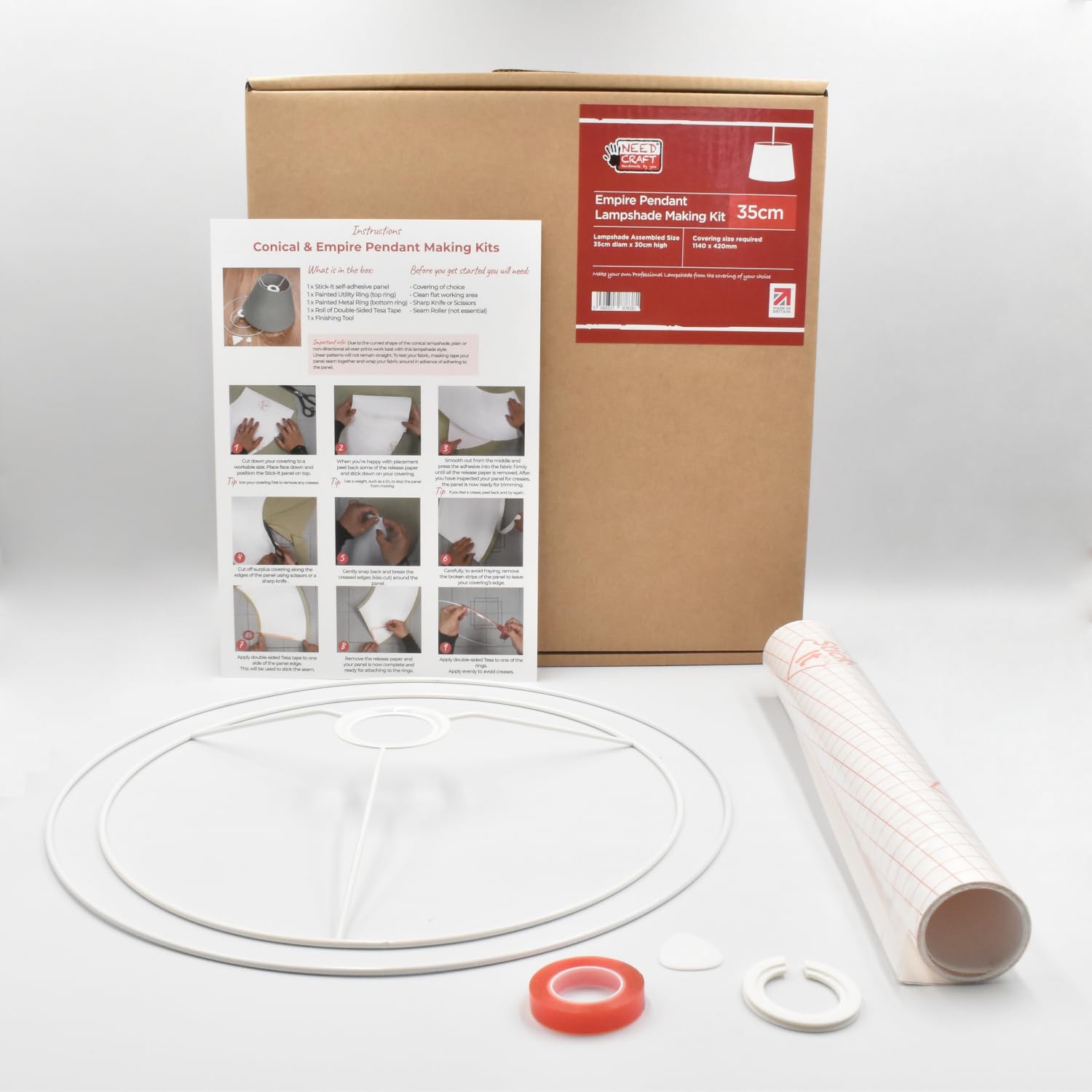 Empire Pendant Light Lampshade Making Kit - Tapered Circle Shape DIY Ceiling Light Shade Made in The UK by Needcraft - Use with Fabric, Textile, Wallpaper of Choice (White, 35cm)