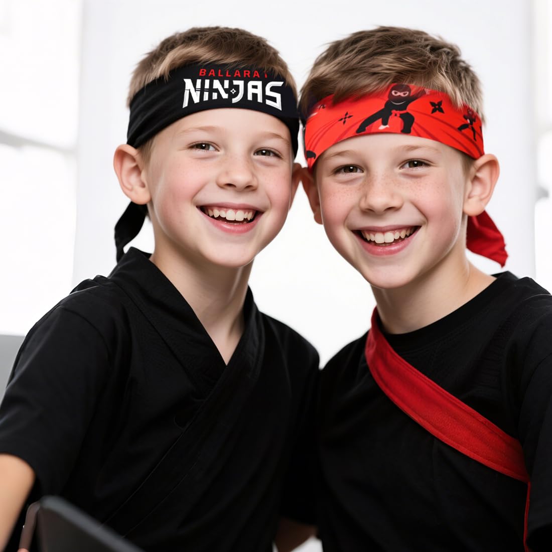 Lot de 4 bandeaux ninja - Accessoires de fête noirs et rouges pour enfants, karaté et fête d'anniversaire