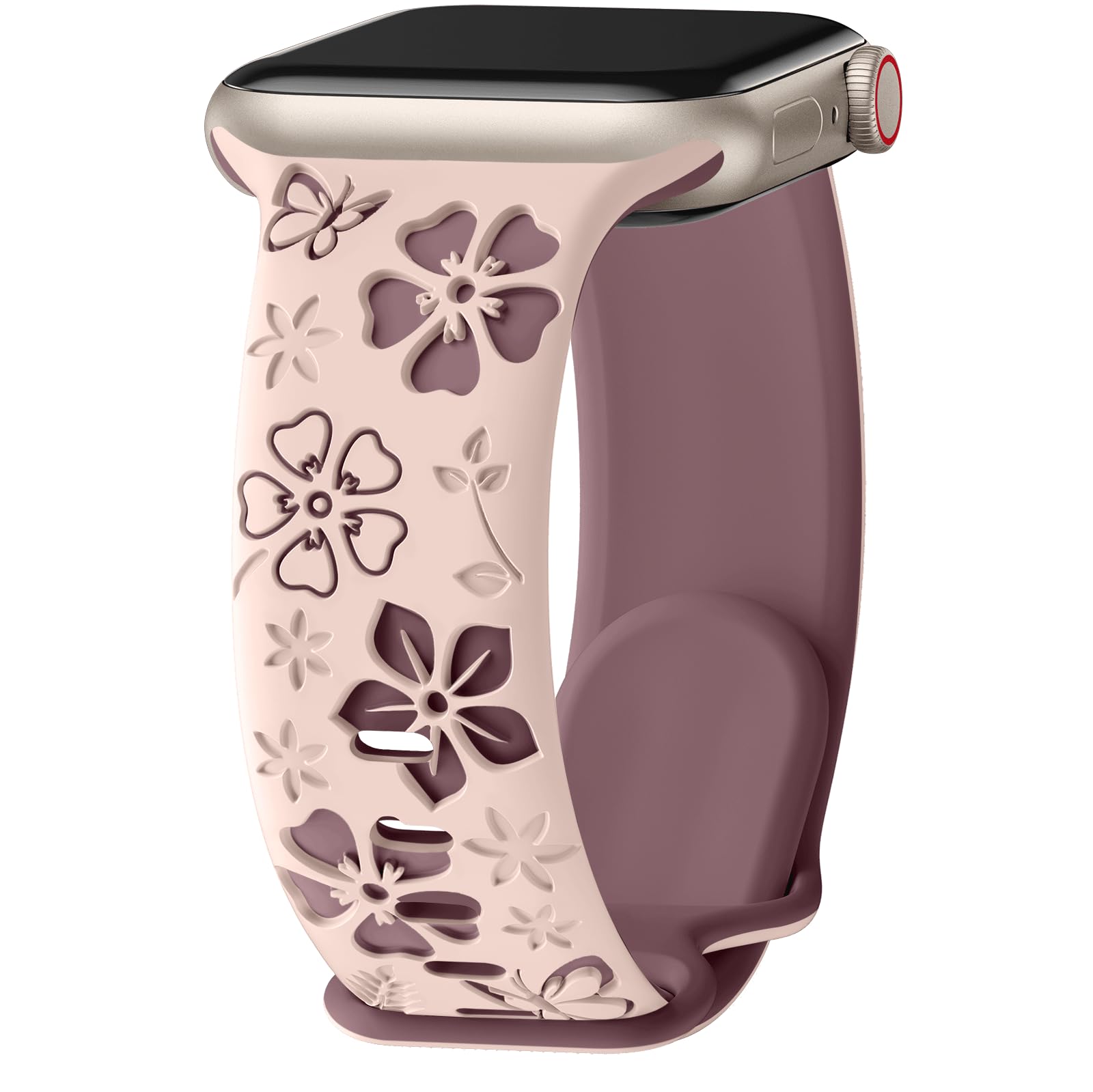 Floral Engraved Band Compatible with Apple Watch Band Women 40mm 38mm 41mm 42mm 44mm 45mm 46mm 49mm, Soft Silicone Two-Tone Flower Sport Strap for
