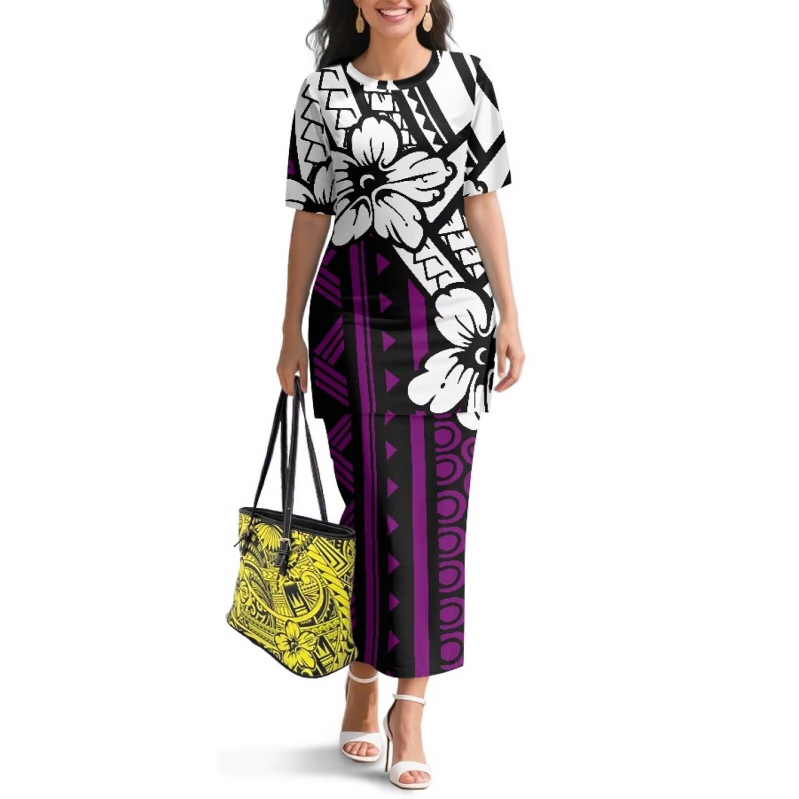 Polynesian Dress for Women Short Sleeve High Waist Maxi Skirt