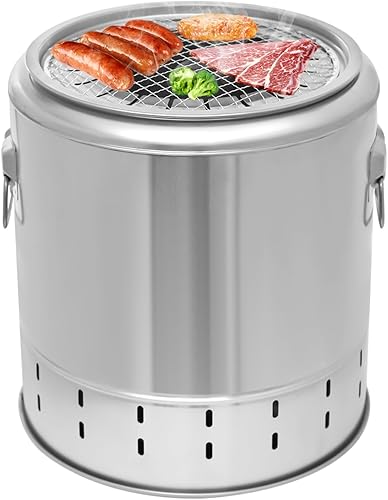 Parrillas de carbón, 13.39 x 14.17 pulgadas, barril de barbacoa de acero inoxidable, parrilla portátil de carbón, cubo de barbacoa de gran