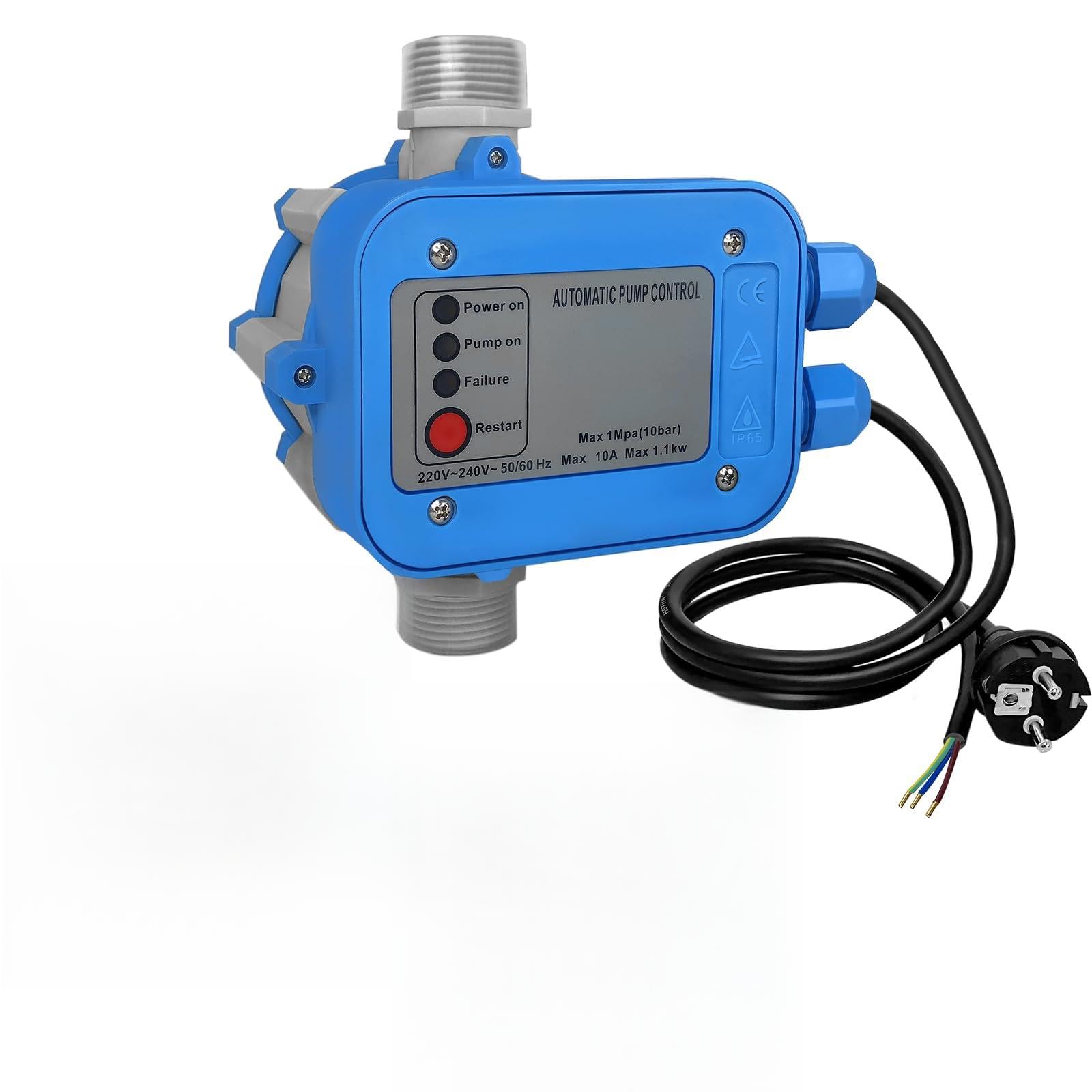 Druckschalter elektronisch mit Kabel, 10 bar Pumpensteuerung Druckwächter, automatische Steuerung für Hauswasserwerk, Gartenbewässerung und Tiefbrunnenpumpe, Blau