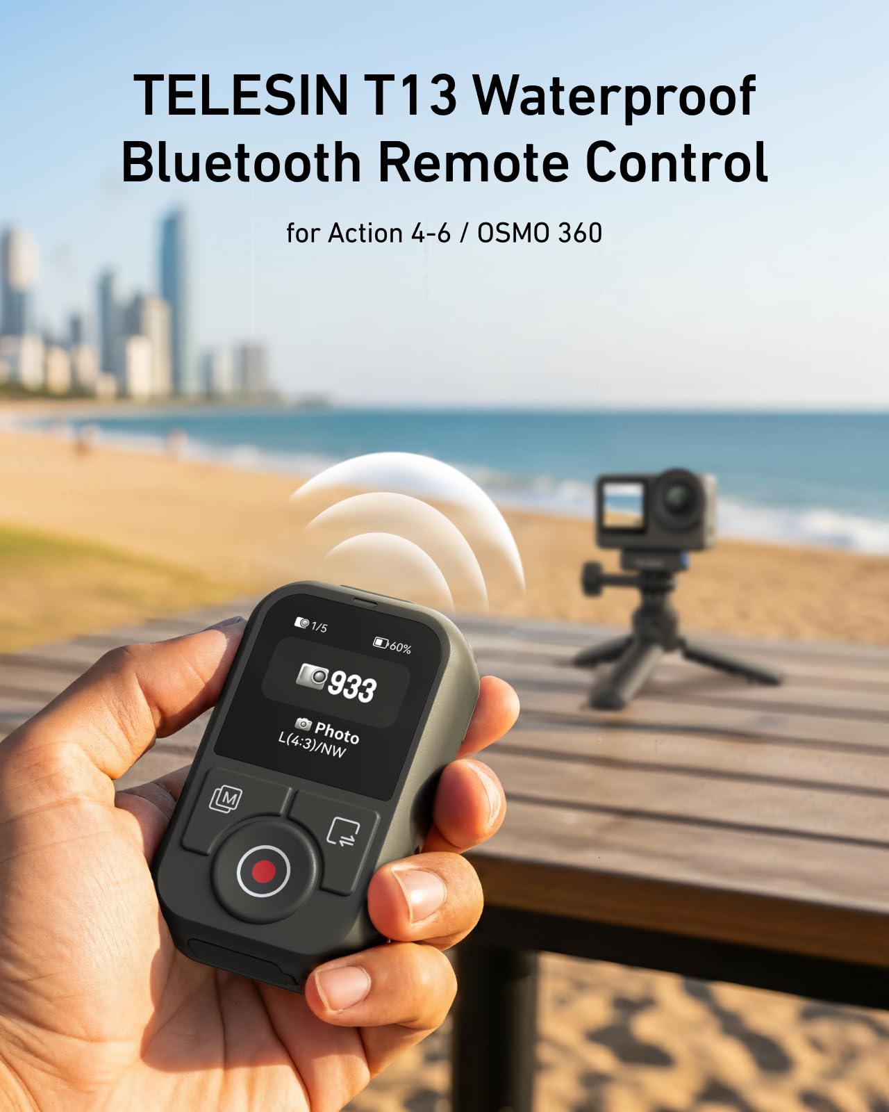 TELESIN T13 Bluetooth-Fernbedienung für DJI Osmo Action 6/5 Pro/4 & Osmo 360, HD-Farbbildschirm drahtlose Kamera-Fernbedienung, 60m Langstrecke, Wasserdicht, 8H-Batterie, Foto-Video Time-Lapse-Steueru