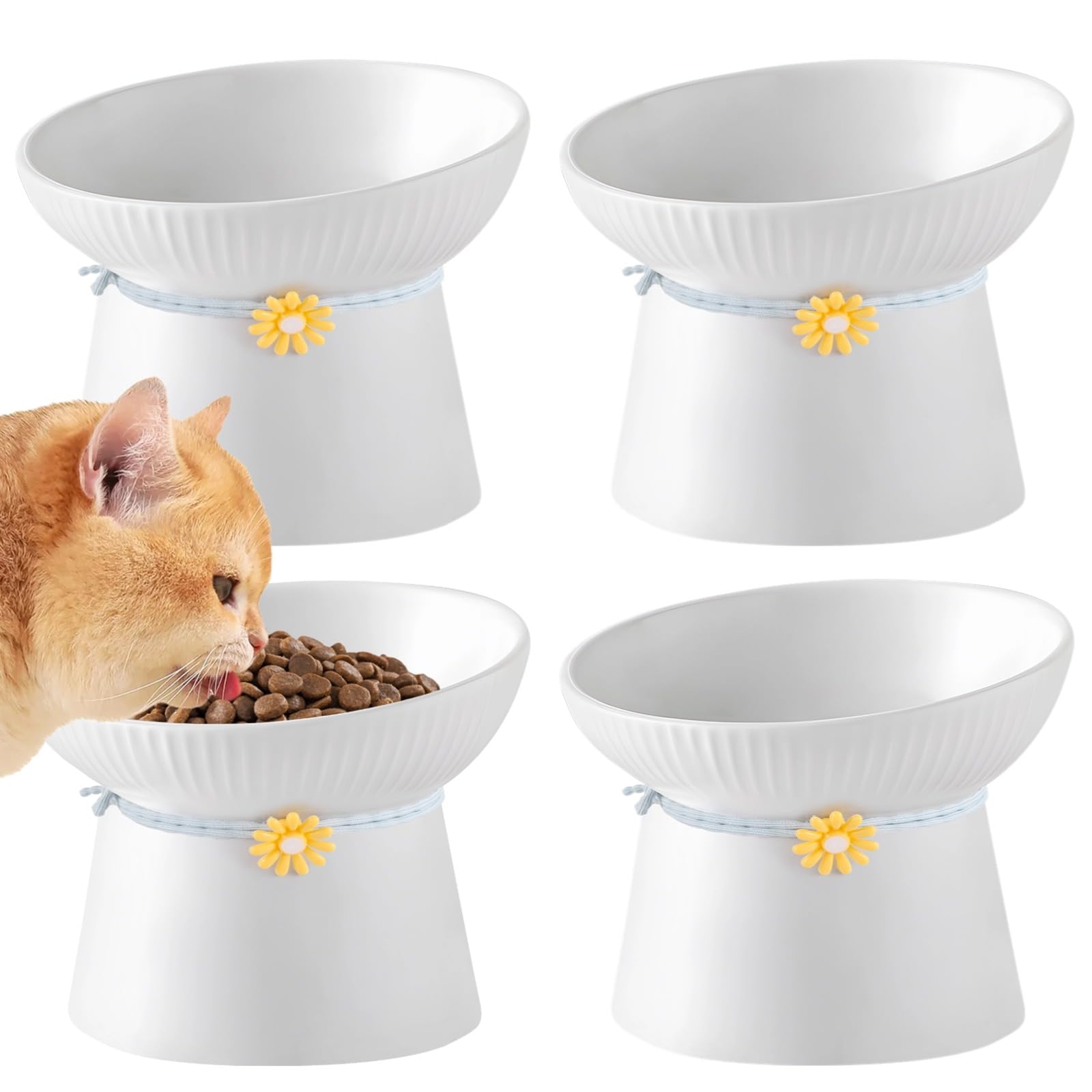 4 Pcs Raised Cat Bowls, Ceramic Tilted Cat Food Bowl, Stress-Less Elevated Porcelain Pet Feeder Dish with Decor Rings, Water Bowls for Dry and Wet
