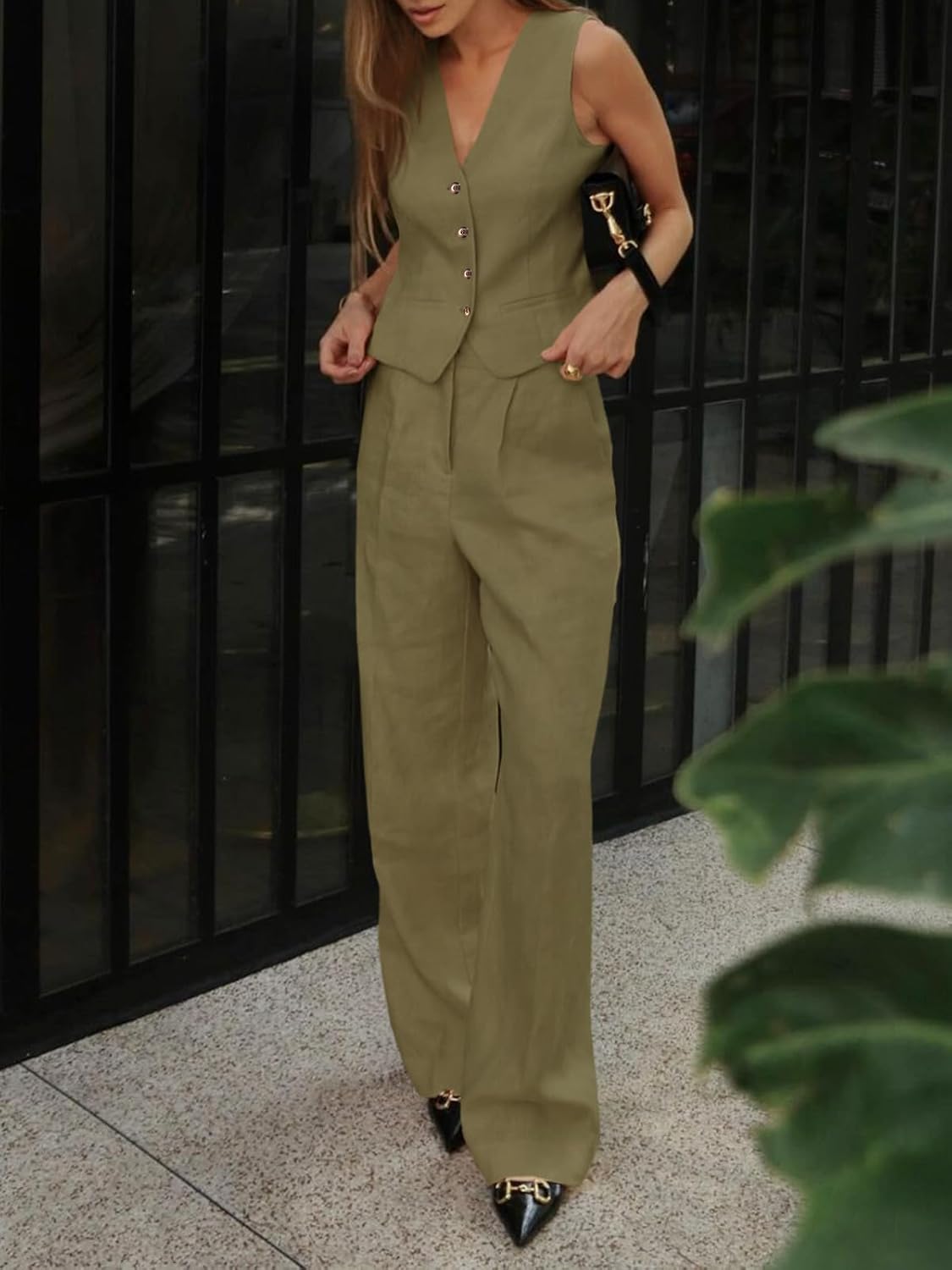 Cicy Bell Women's 2 Piece Outfits V Neck Pants Sets Crop Vest Blazer and Wide Leg Suit - Image 3