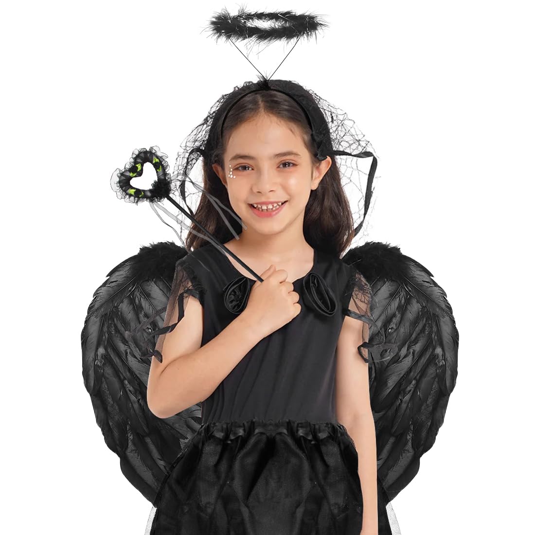 YIMOJOY Engelsflügel Schwarz Mit Heiligenschein - 105cm Für Halloween & Cosplay
