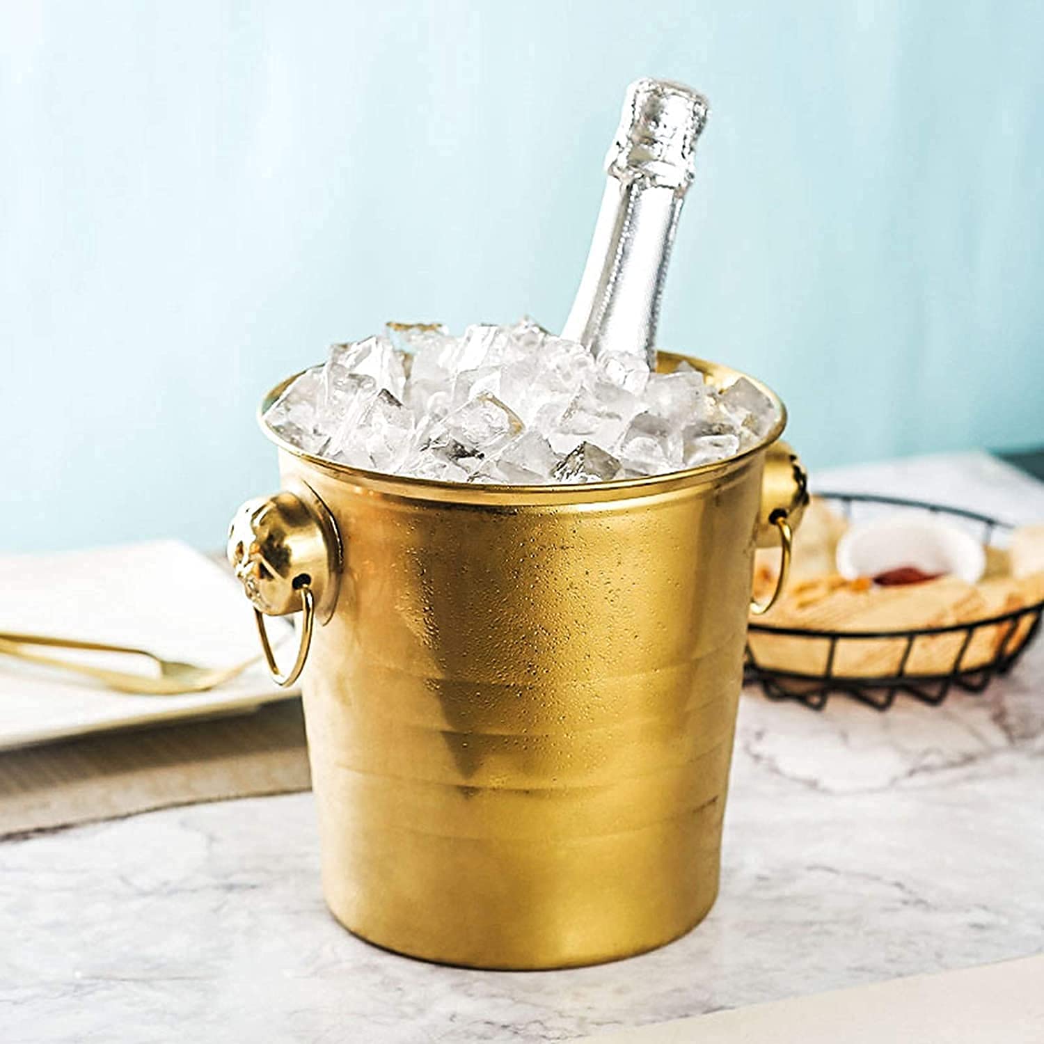 Cubo de Hielo, con Tapa y Pinzas para Hielo, Cubo de Hielo de Acero Inoxidable, Barril de Vino KTV, Cubo de Hielo para Vino