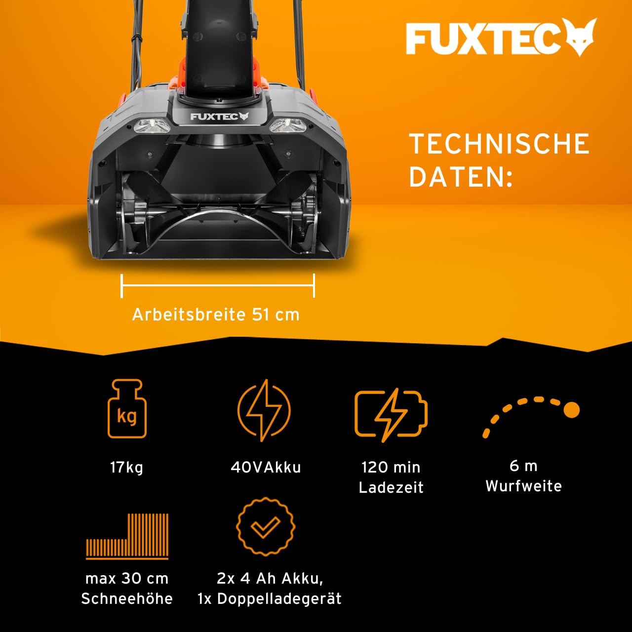 Fuxtec 40V Akku Schneefräse FX-E2SFSET, kabelloser Schneeräumer inkl. Akku + Ladegerät, 51 cm Arbeitsbreite, 6 m Wurfweite, Li-Ion Akku, LED-Frontlichter, leicht und wendig
