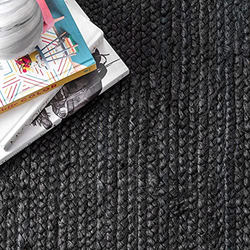 Image of Handwoven Jute Square Rug, Natural Fibres, Braided Reversible Carpet for Bedroom Living Room Dining Room (Black, 2x6 Feet)