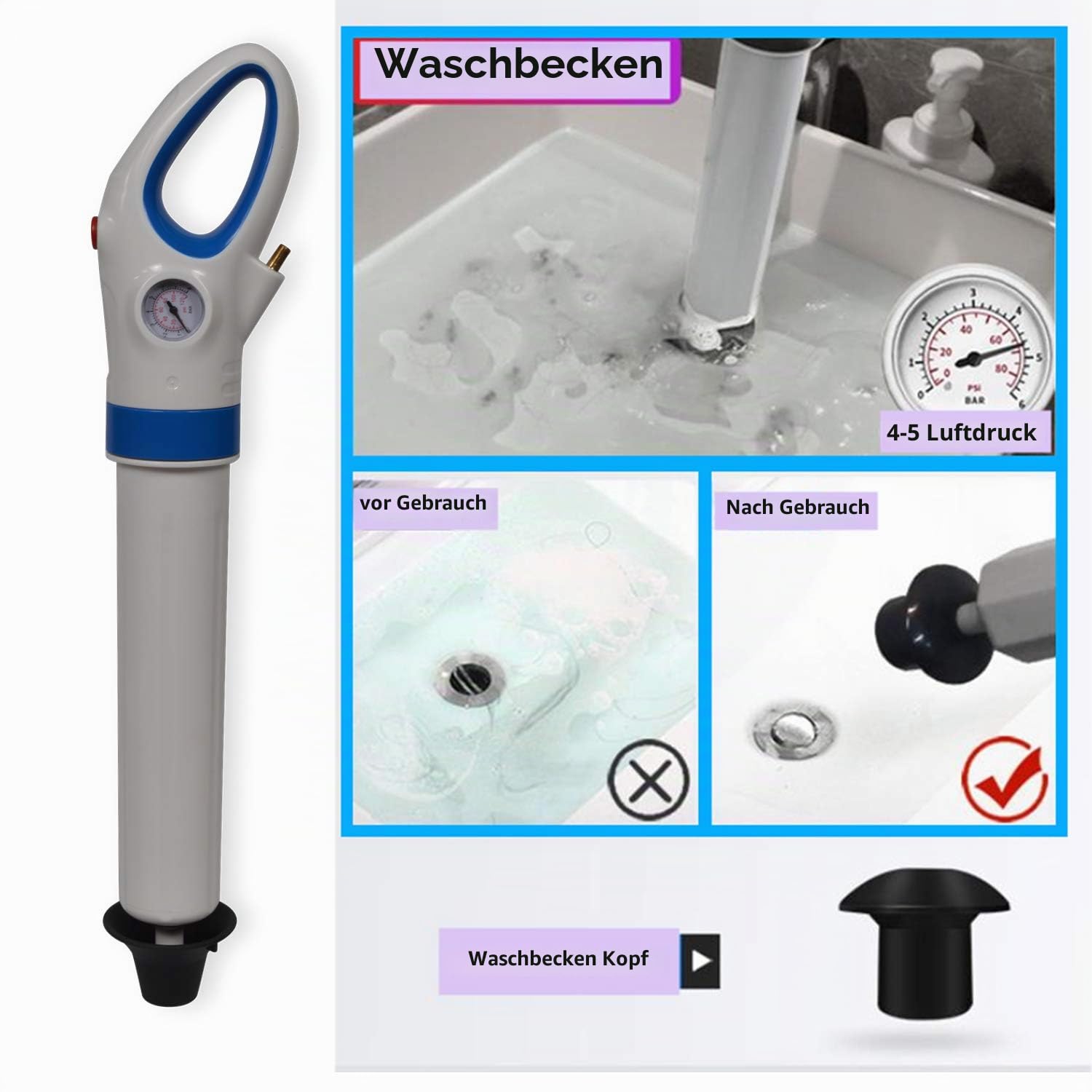 WC Plunger Ultrahochdruck Multi-Funktions-Abflussreiniger mit 4 Kolbenkopf für Toilette, Reinigungspumpe verwendbar für Toilette, Badewanne, Dusche, Wanne (Luftpumpenfüllung/Stil)