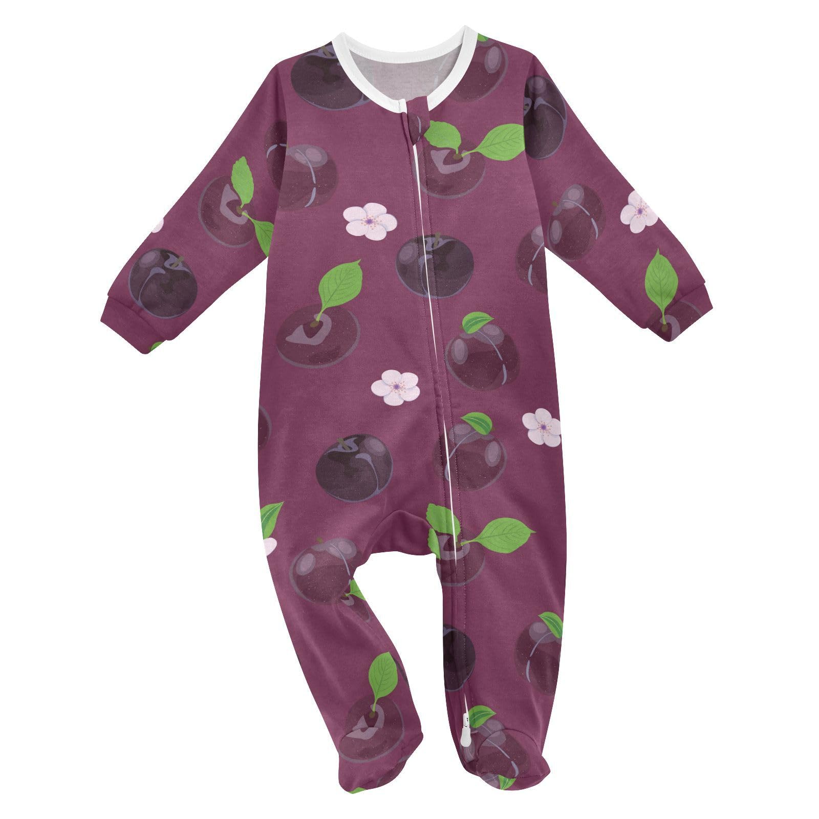 Wusikd Fruits Flower Baby One-Piece Footies Purple Plum Bodysuit Rompers Zipper for Boys Girls 3M