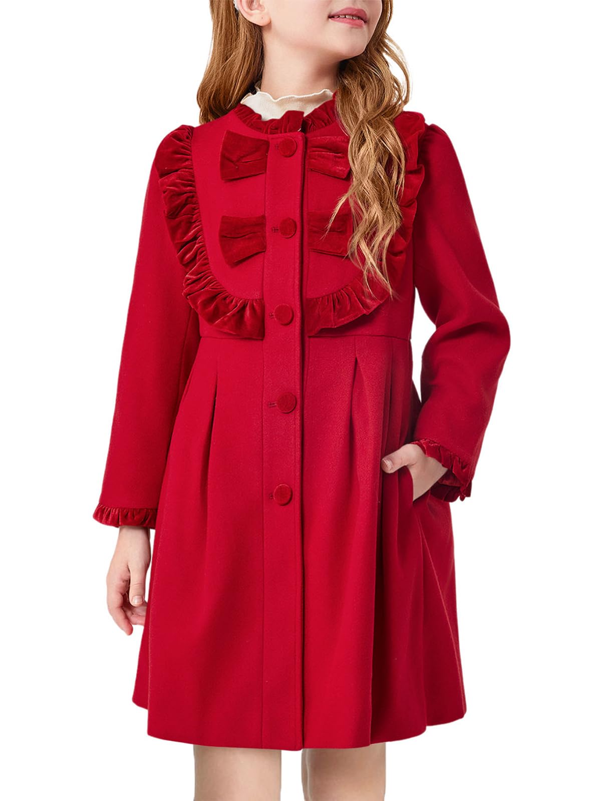 Haloumoning Cappotto invernale da bambina con volant e bottoni, con fiocco, lungo, con tasche, 3-12 anni