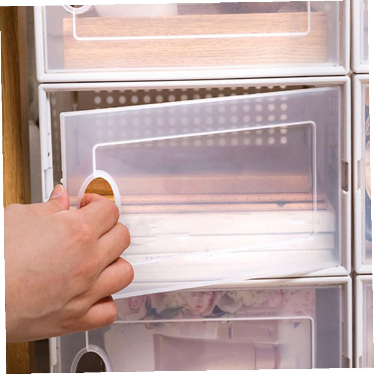 KALLORY Overlapping Shoes Organizer Shoes Case Household Container with Transparent Cover Stackable Shoe Storage Box for Sneakers Sandals Slippers Sports Shoes 12.99 X 9.05 X 5.51 in