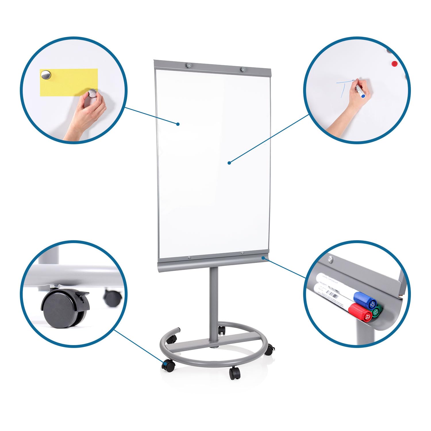 hjh OFFICE 830023 Pizarra magnética con caballete móvil y rotafolios con ruedas MULTIBOARD 93,5 x 63 cm, con soporte, altura regulable e inclinable