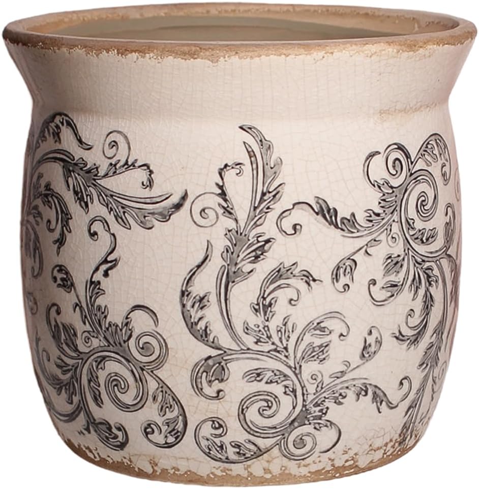 Rustic Ceramic Planter & Kitchen Utensil Holder, 6.21 Inch Vintage Crackle Glazed Flower Pot with Drainage Hole for Indoor Plants, Tuscan Living Room & Balcony Decoration, Gift for Mom (Gray)