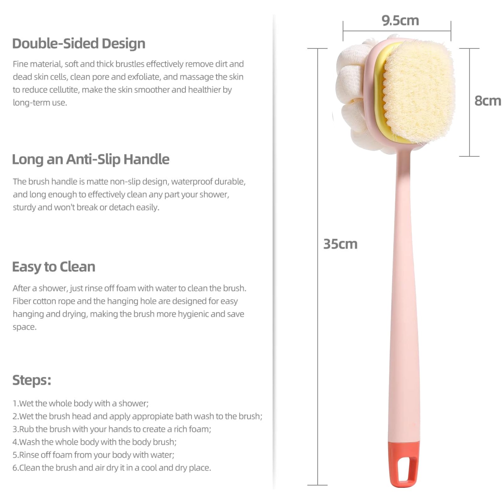 Shower Body Brush with Bristles and Loofah, Body Brushes Back Scrubbers Bath Dry Brush Mesh Sponge with Curved Long Handle for Men and Women Light Pink - Image 3