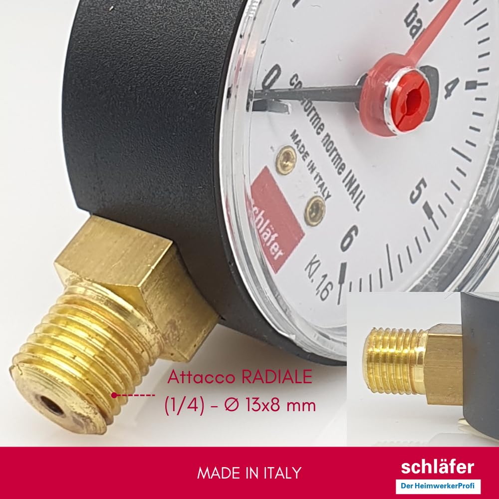 Schläfer 0930164 | Manomètre hydraulique vertical avec raccord radial 1/4" BSP, échelle 0-6 bar, diamètre de 63 mm, idéal pour les systèmes thermiques d'air et d'eau, indicateur de pression