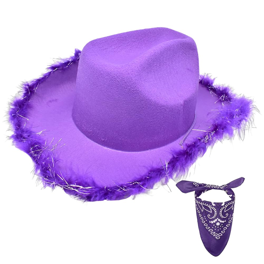 CYZJPRVN Sombrero de Vaquero para mujer Sombrero de vaquero de fieltro con ribete de plumas esponjosas Cumpleaños de Mujer Fiesta Temática de Vaquero Accesorios de Disfraces Mascarada