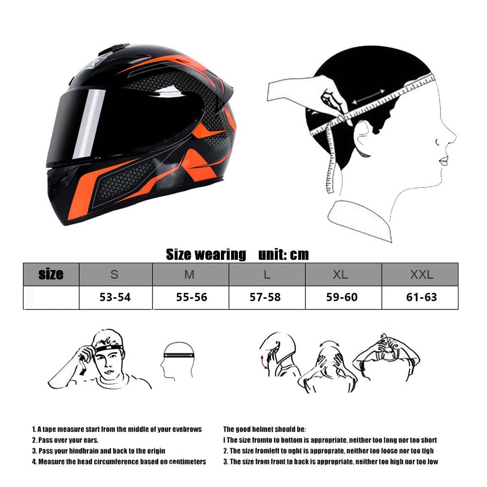 Casco integrale per moto Caschi per scooter con 3 opzioni di lenti DOT Casco turistico per moto Caschi per uomini & donne Pendolarismo quotidiano (Pista nera arancione) (C,55~56cm M)